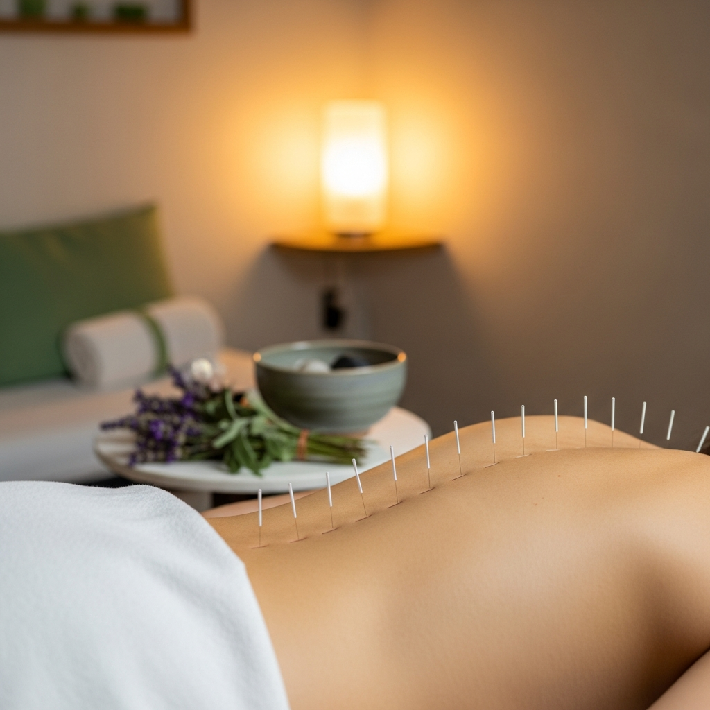 Acupuncture treatment showing fine needles placed along patient's back, peaceful clinical room with soft warm lighting, ceramic bowl, fresh herbs, sage green accents, calm and meditative atmosphere, photorealistic, shallow depth of field