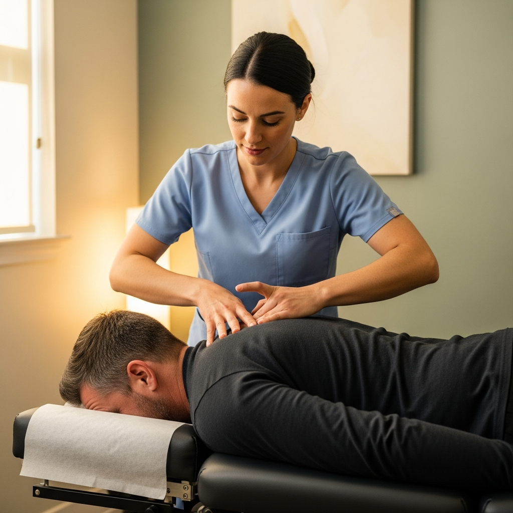 Chiropractor performing a precise spinal adjustment on a patient lying on a treatment table, clinical wellness setting, warm natural light, professional and gentle hands, muted sage and cream tones, photorealistic healthcare photography