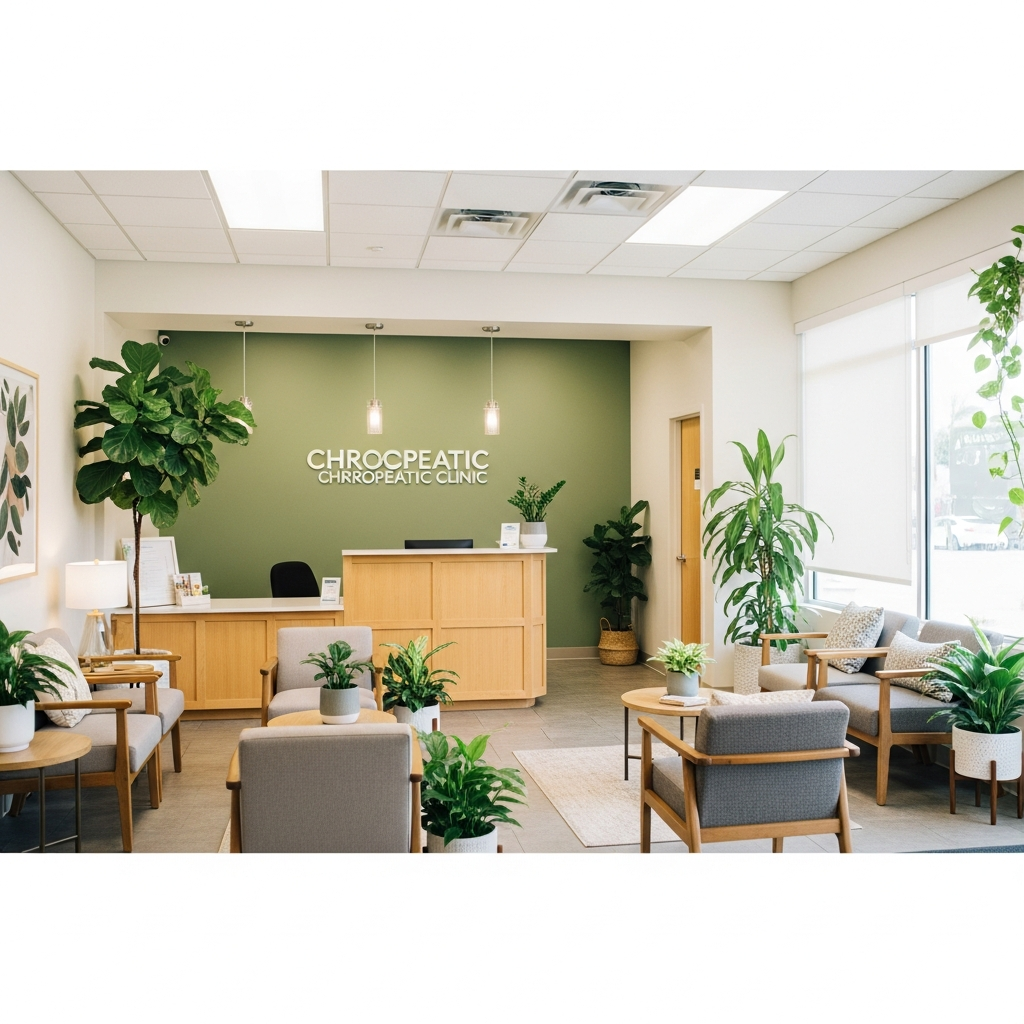 Welcoming chiropractic clinic reception and waiting area, warm sage green accent wall, wood tones, potted plants, comfortable seating, soft natural light, Long Beach California suburban healthcare setting, clean and inviting, photorealistic interior photography