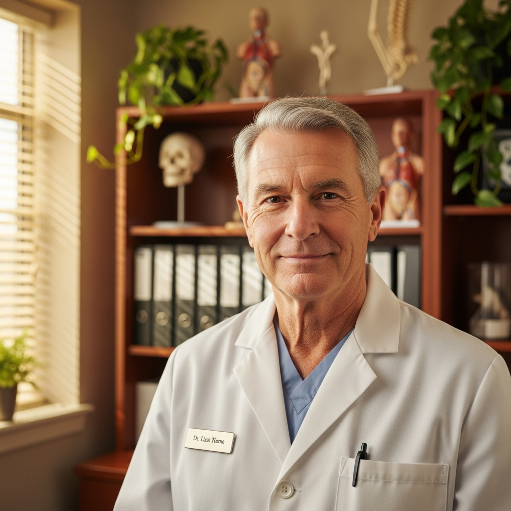Warm professional portrait of a distinguished male chiropractor in his 60s, white clinic coat, gentle confident smile, softly lit examination room background with wood shelving and medical charts, natural warm window light, photorealistic, trustworthy and approachable demeanor