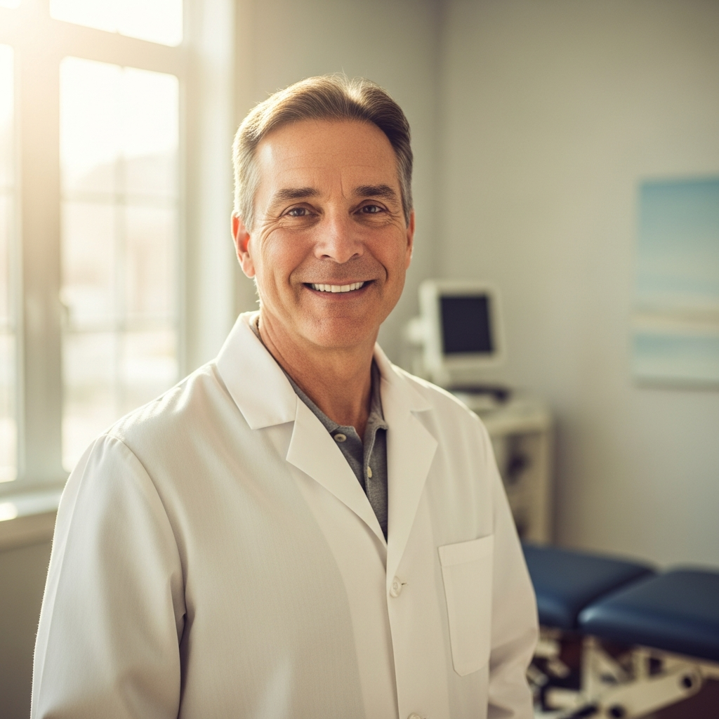 Professional chiropractor in his 60s with a warm, confident smile, wearing a white clinic coat, standing in a softly lit treatment room, natural light from window, inviting and trustworthy expression, shallow depth of field, warm tones, photorealistic portrait