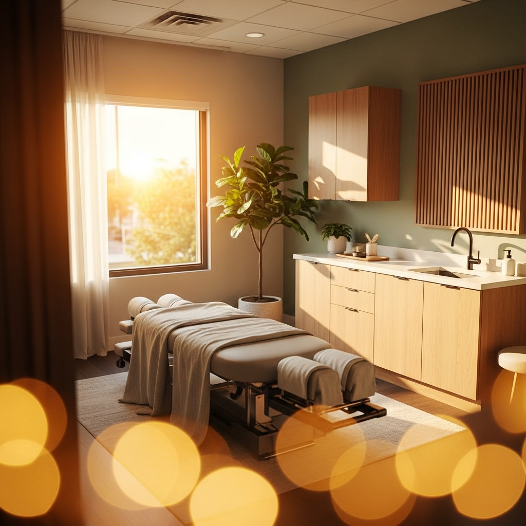 Serene chiropractic clinic treatment room bathed in warm California afternoon sunlight, adjusting table, neutral linen tones, clean wood accents, potted greenery, soft bokeh background, photorealistic, warm amber and sage color palette, inviting and calm