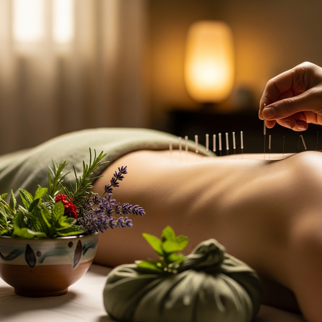 Acupuncture treatment showing fine needles placed along patient's back, peaceful clinical room with soft warm lighting, ceramic bowl, fresh herbs, sage green accents, calm and meditative atmosphere, photorealistic, shallow depth of field