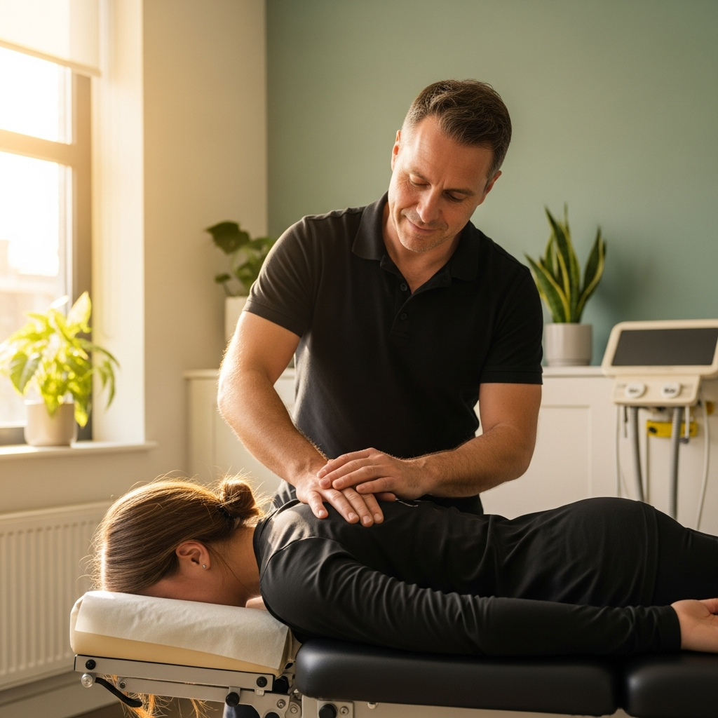 Chiropractor performing a precise spinal adjustment on a patient, warm natural light, professional and gentle hands, sage and cream clinical setting, photorealistic