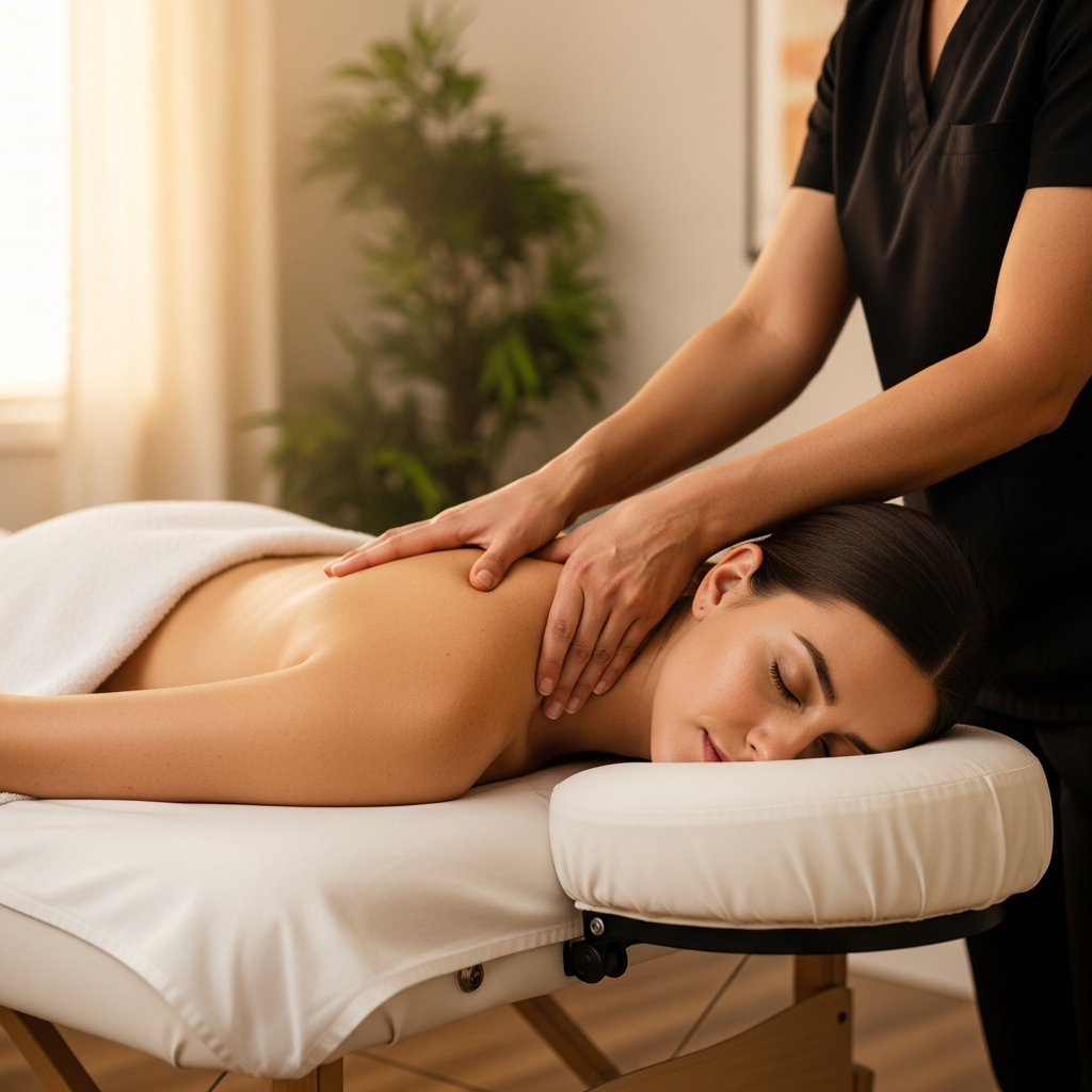 Massage therapist providing deep tissue shoulder and neck massage in a warm wellness clinic room, soft ambient lighting, white linens, greenery in background, client visibly relaxed, photorealistic warm golden tones