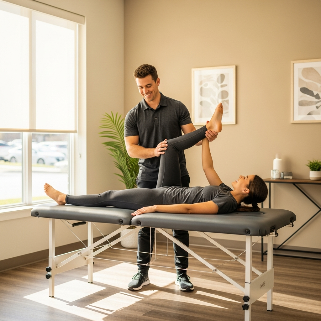 Physical therapist guiding assisted stretching session with a patient, bright welcoming clinic room, natural light, both smiling, warm neutral tones, active but calm energy, photorealistic healthcare photography