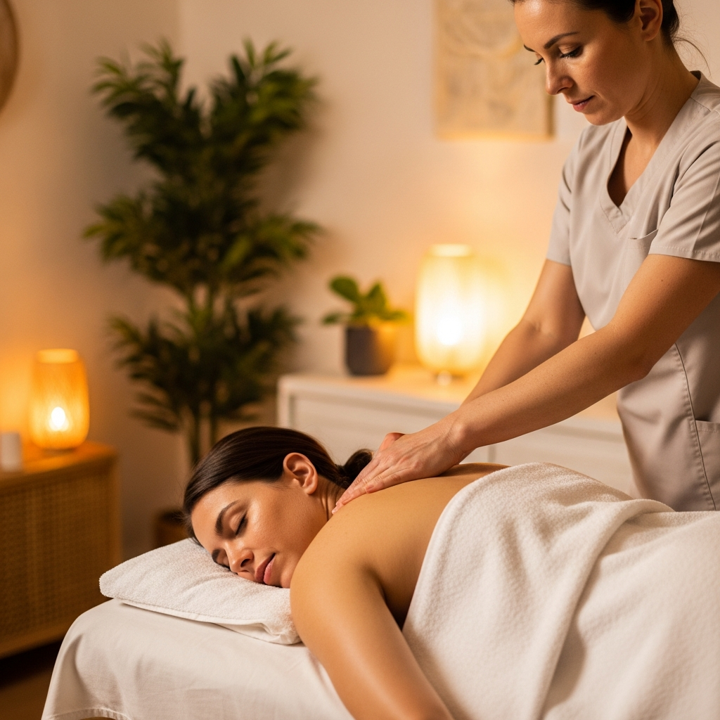 Therapist providing deep tissue shoulder and neck massage in a warm wellness clinic room, soft ambient lighting, white linens, greenery in background, client visibly relaxed, photorealistic, warm golden tones, editorial style