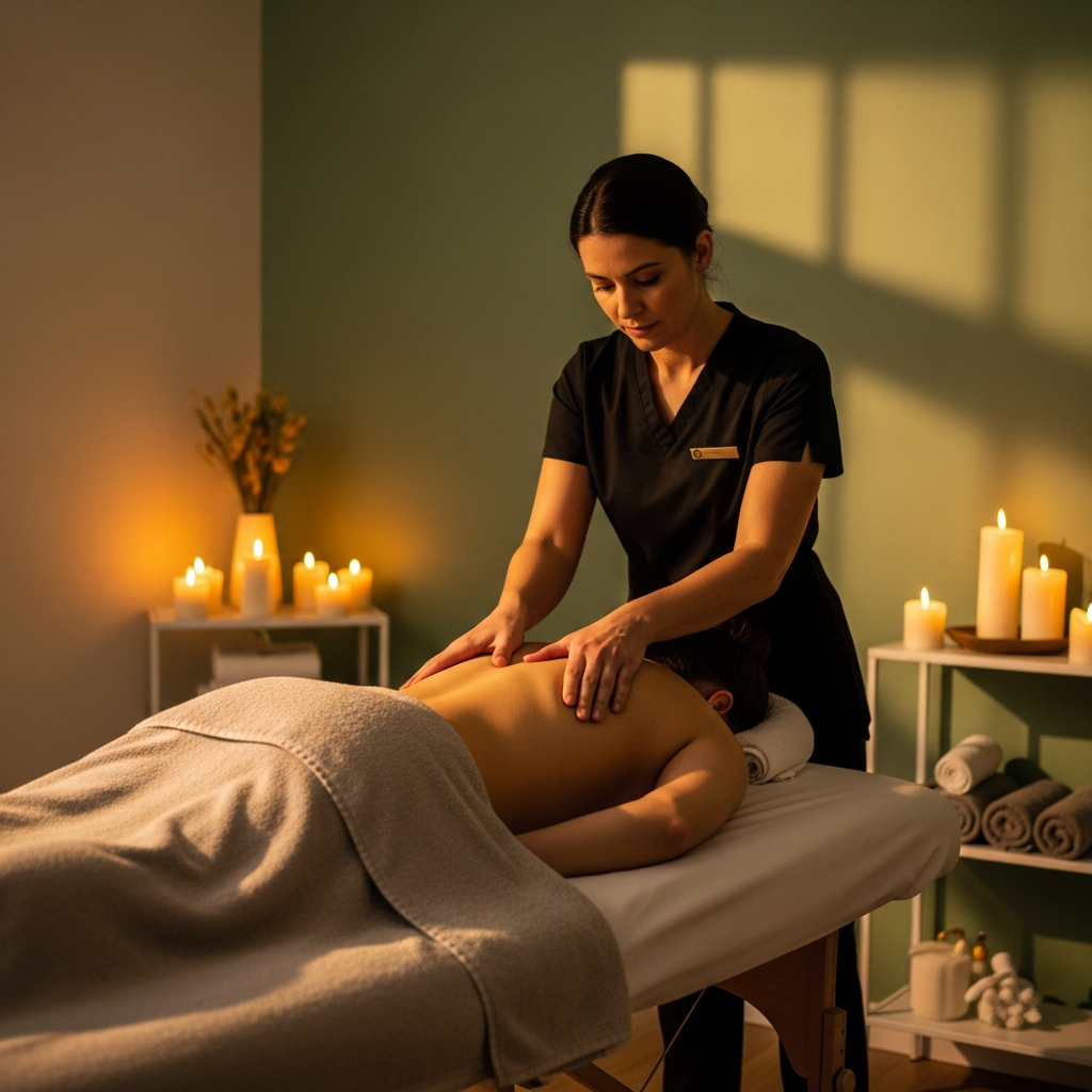 Massage therapist performing therapeutic back massage on a patient, warm candlelit wellness room, soft linen draping, sage green accent wall, warm golden hour light, professional clinical setting with spa warmth, photorealistic, editorial photography style